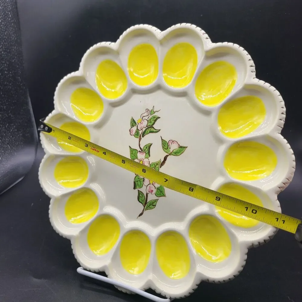 VTG 1990 Hand Painted Deviled Easter Egg Plate Platter 15 Eggs Ceramic Floral